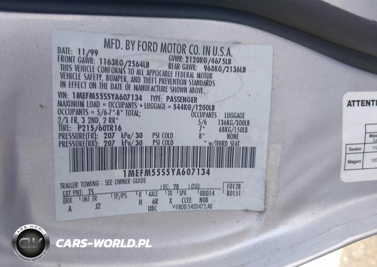 2000 Mercury Sable Ls Premium VIN:1MEFM55S5YA607134 - 9