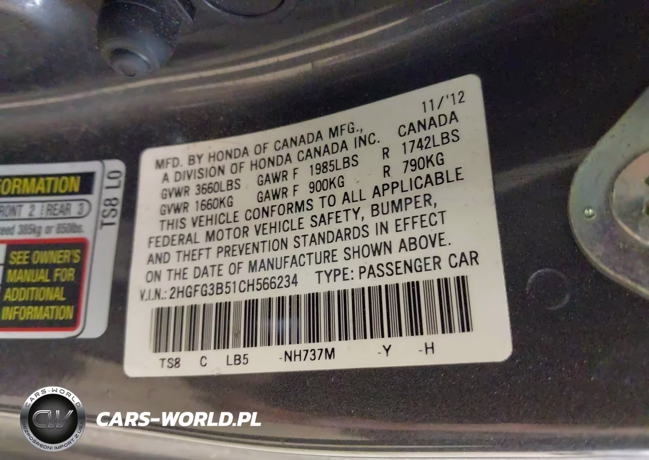 2012 Honda Civic Lx VIN:2HGFG3B51CH566234 - 9