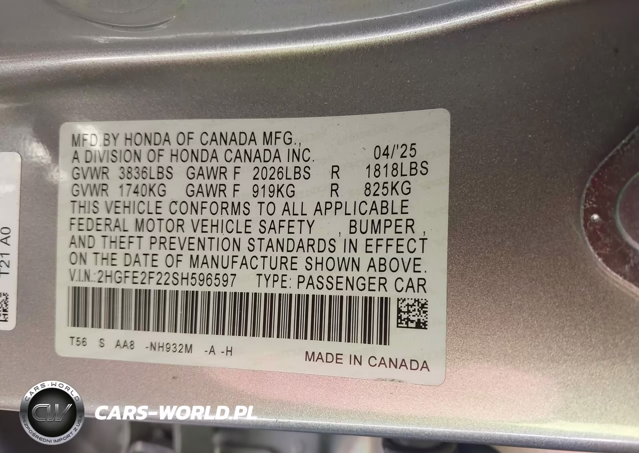 2025 Honda Civic Lx VIN:2HGFE2F22SH596597 - 9