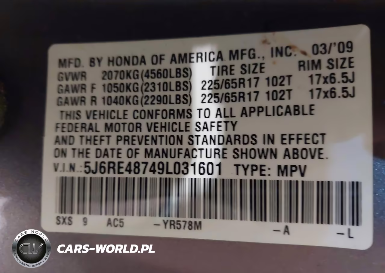 2009 Honda Cr-V Ex-L VIN:5J6RE48749L031601 - 9