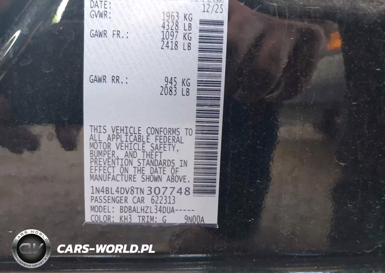 2026 Nissan Altima Sv Fwd VIN:1N4BL4DV8TN307748 - 9