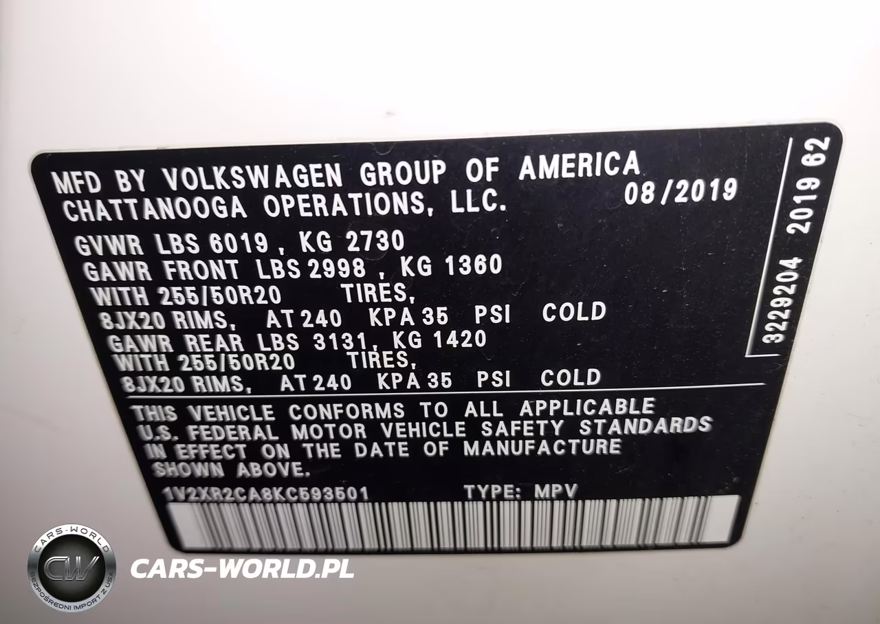 2019 Volkswagen Atlas 3.6L V6 Se W-Technology R-Line VIN:1V2XR2CA8KC593501 - 9