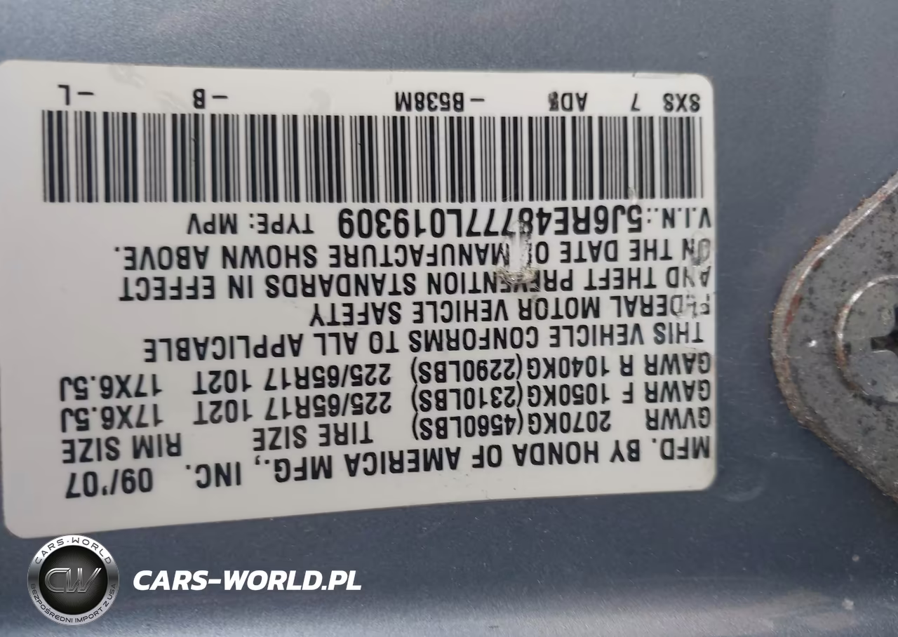 2007 Honda Cr-V Ex-L VIN:5J6RE48777L019309 - 9