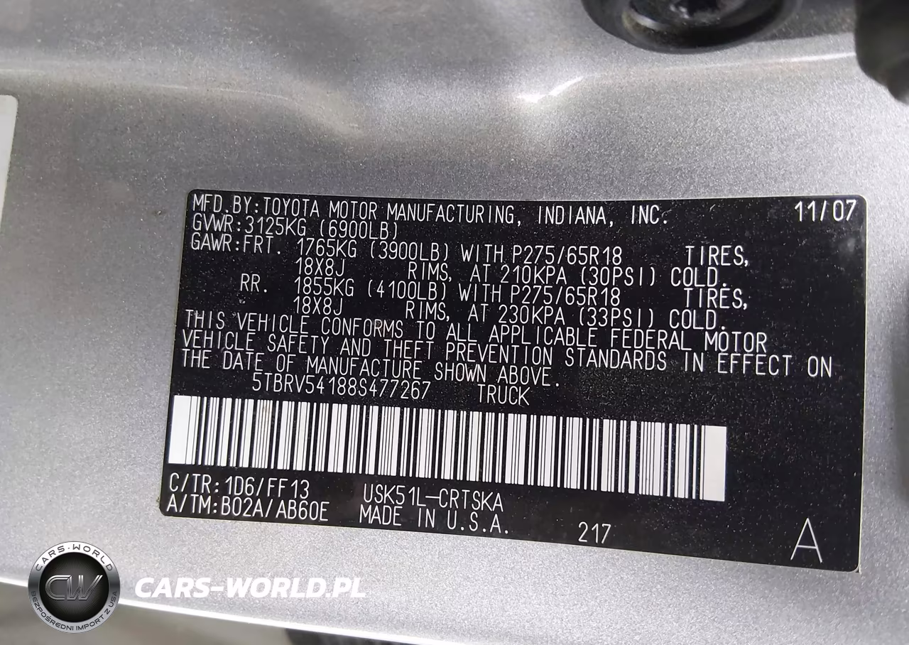 2008 Toyota Tundra Sr5 5.7L V8 VIN:5TBRV54188S477267 - 9
