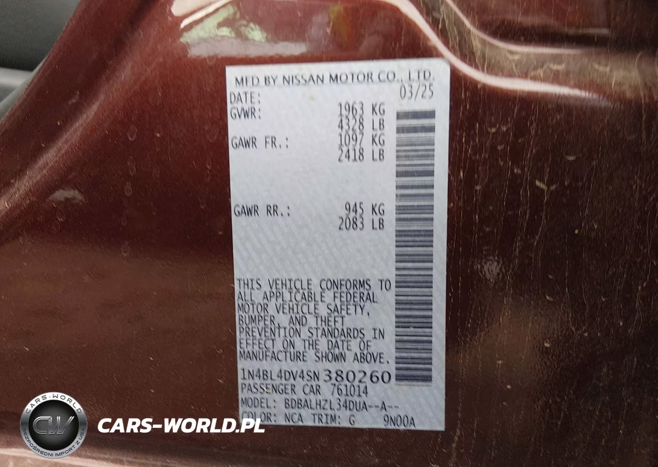 2025 Nissan Altima Sv Fwd VIN:1N4BL4DV4SN380260 - 9
