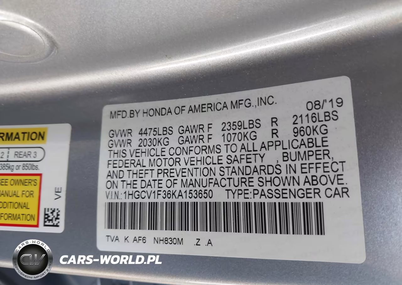 2019 Honda Accord Sport VIN:1HGCV1F36KA153650 - 9