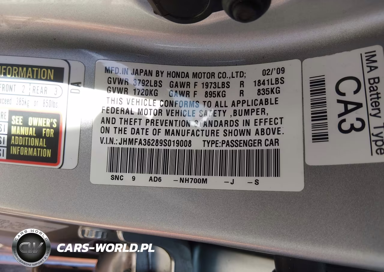 2009 Honda Civic Hybrid VIN:JHMFA36289S019008 - 9