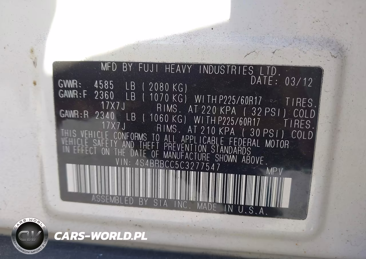 2012 Subaru Outback 2.5I Premium VIN:4S4BRBCC5C3277547 - 9