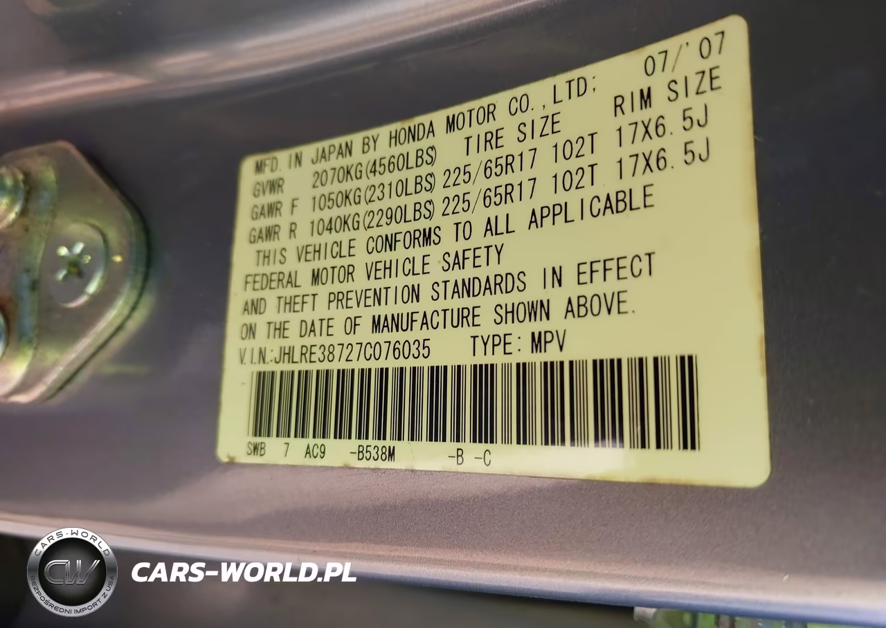 2007 Honda Cr-V Ex-L VIN:JHLRE38727C076035 - 9