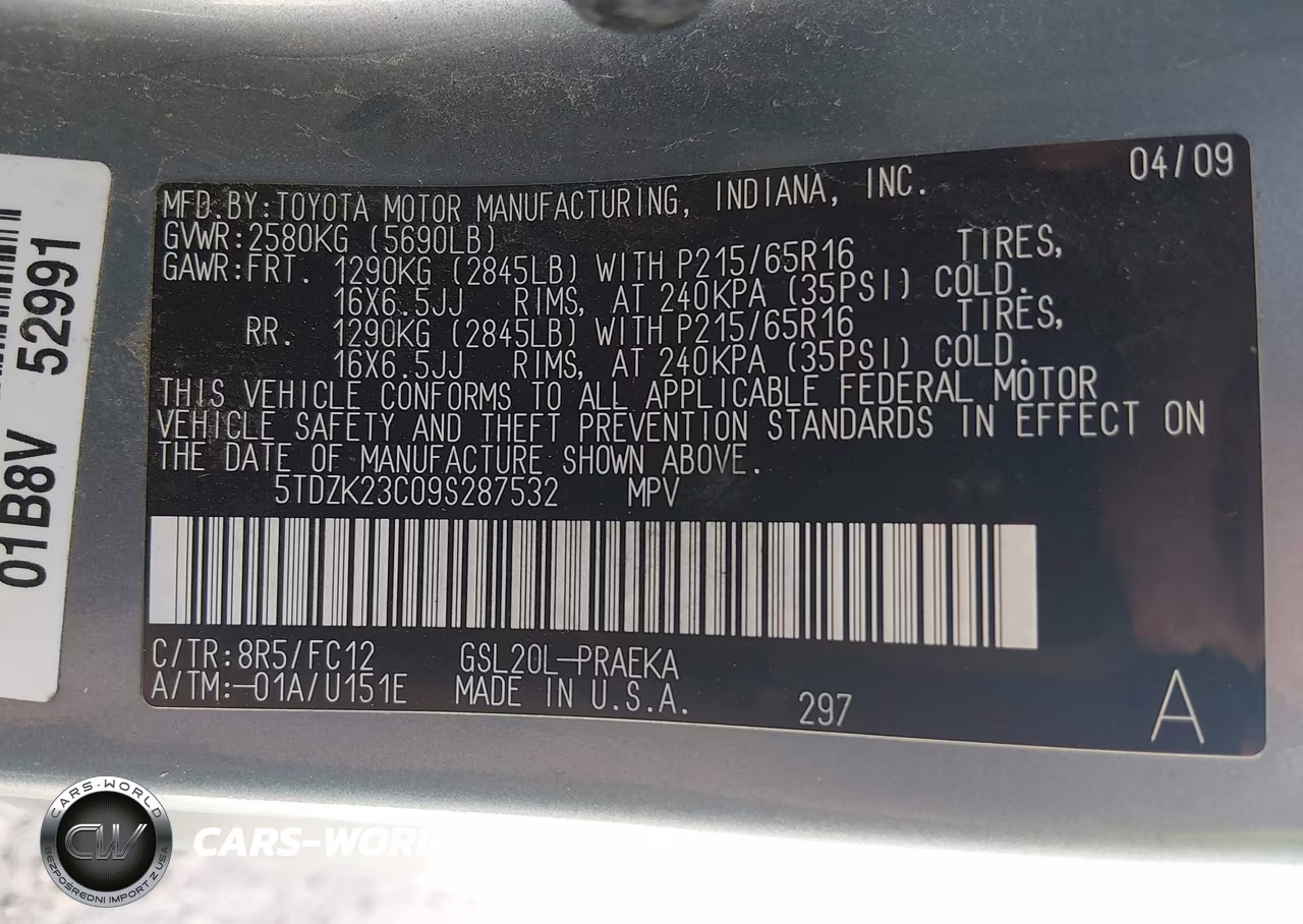 2009 Toyota Sienna Le VIN:5TDZK23C09S287532 - 9