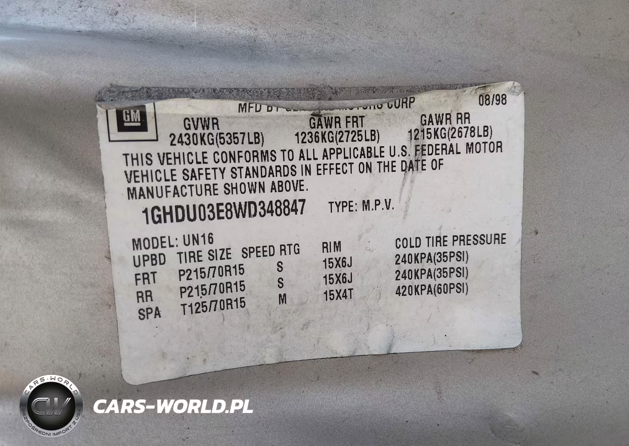 1998 Oldsmobile Silhouette Gs VIN:1GHDU03E8WD348847 - 9