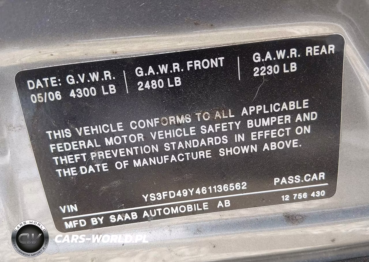 2006 Saab 9-3 2.0T VIN:YS3FD49Y461136562 - 9