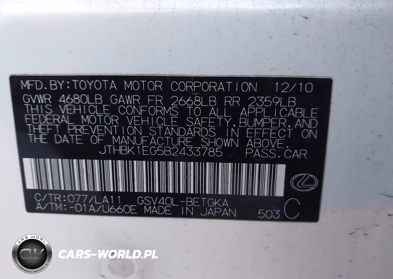 2011 Lexus Es 350 VIN:JTHBK1EG5B2433785 - 9