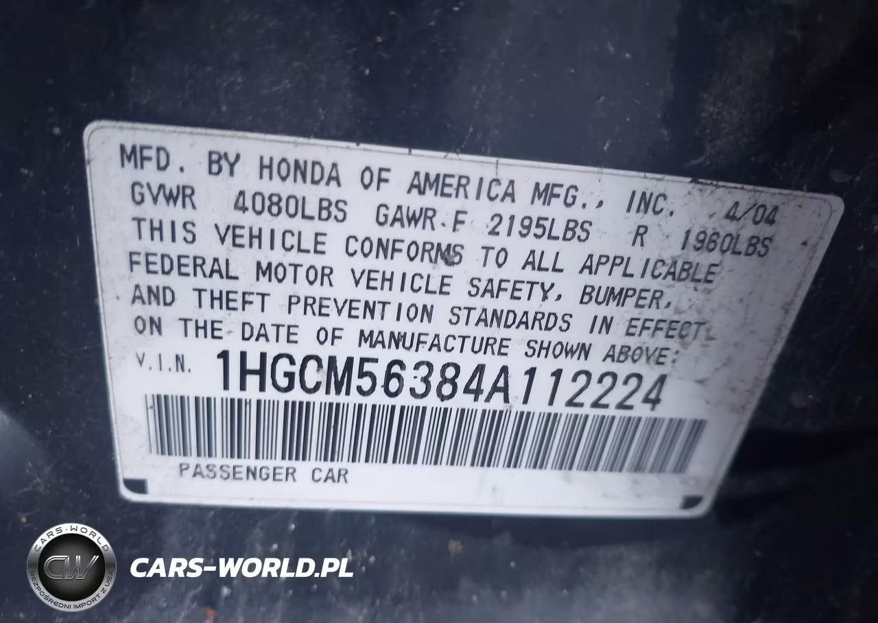2004 Honda Accord VIN:1HGCM56384A112224 - 9