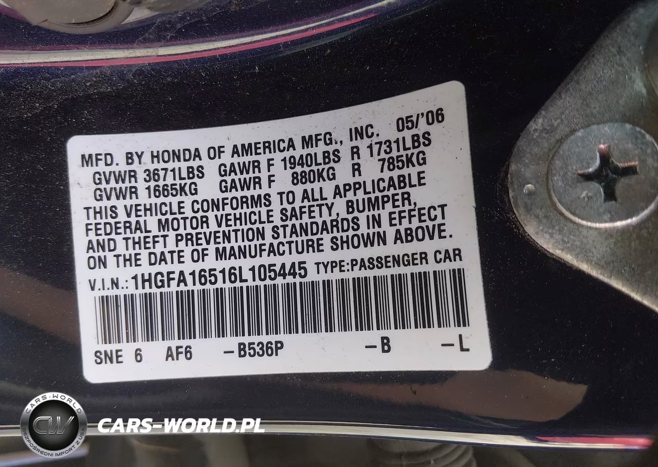 2006 Honda Civic Lx VIN:1HGFA16516L105445 - 9