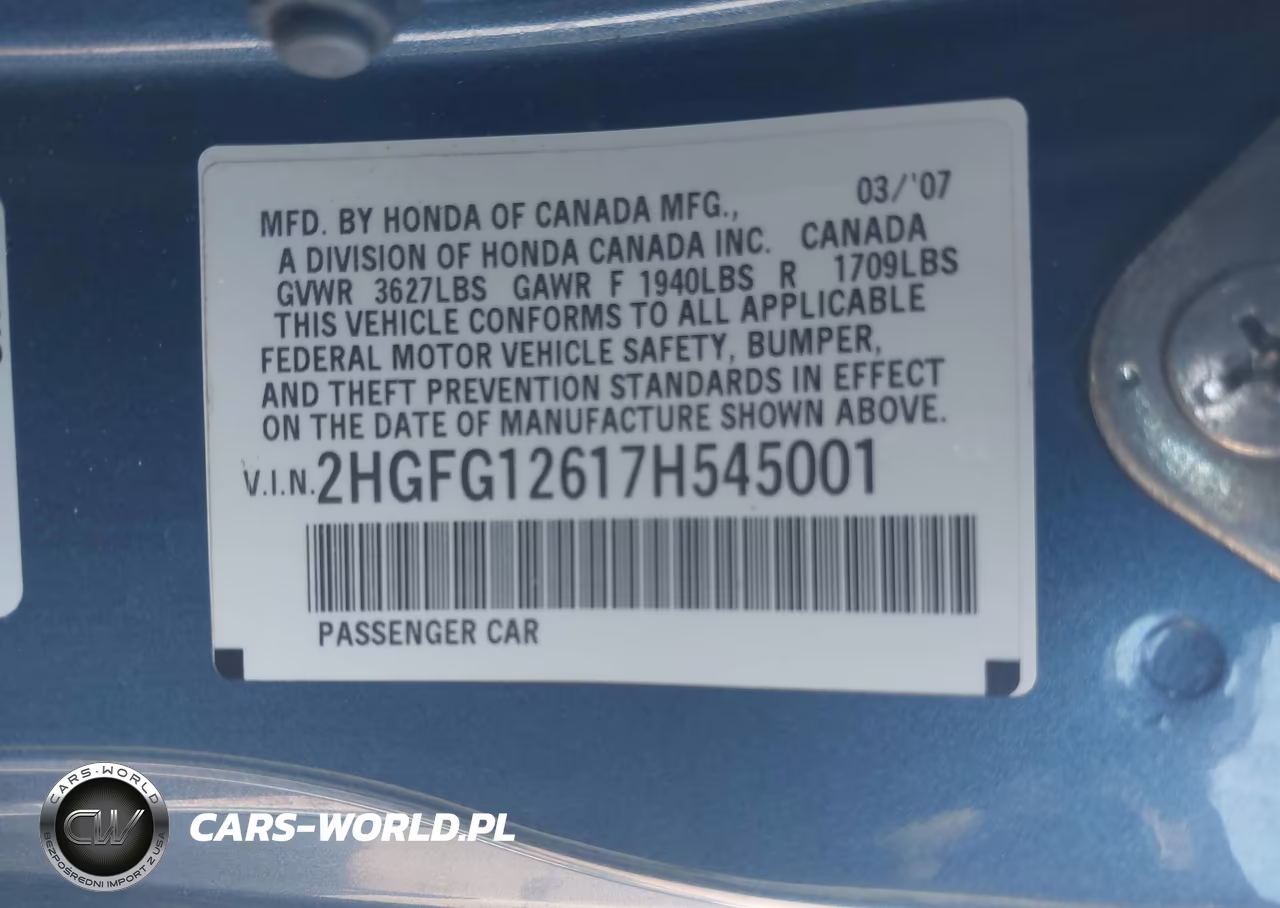 2007 Honda Civic Lx VIN:2HGFG12617H545001 - 9