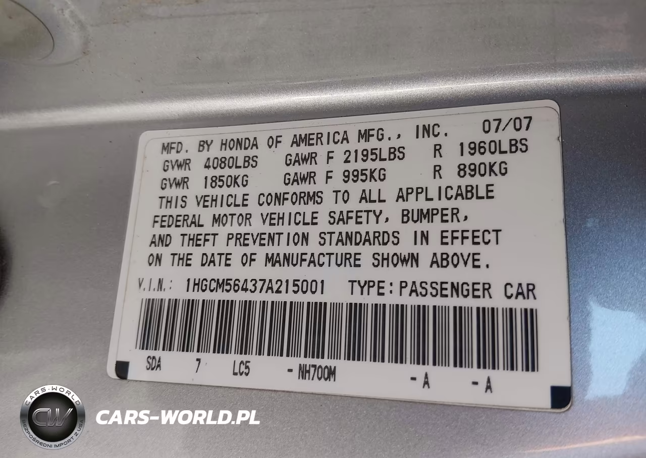 2007 Honda Accord 2.4 Lx VIN:1HGCM56437A215001 - 9