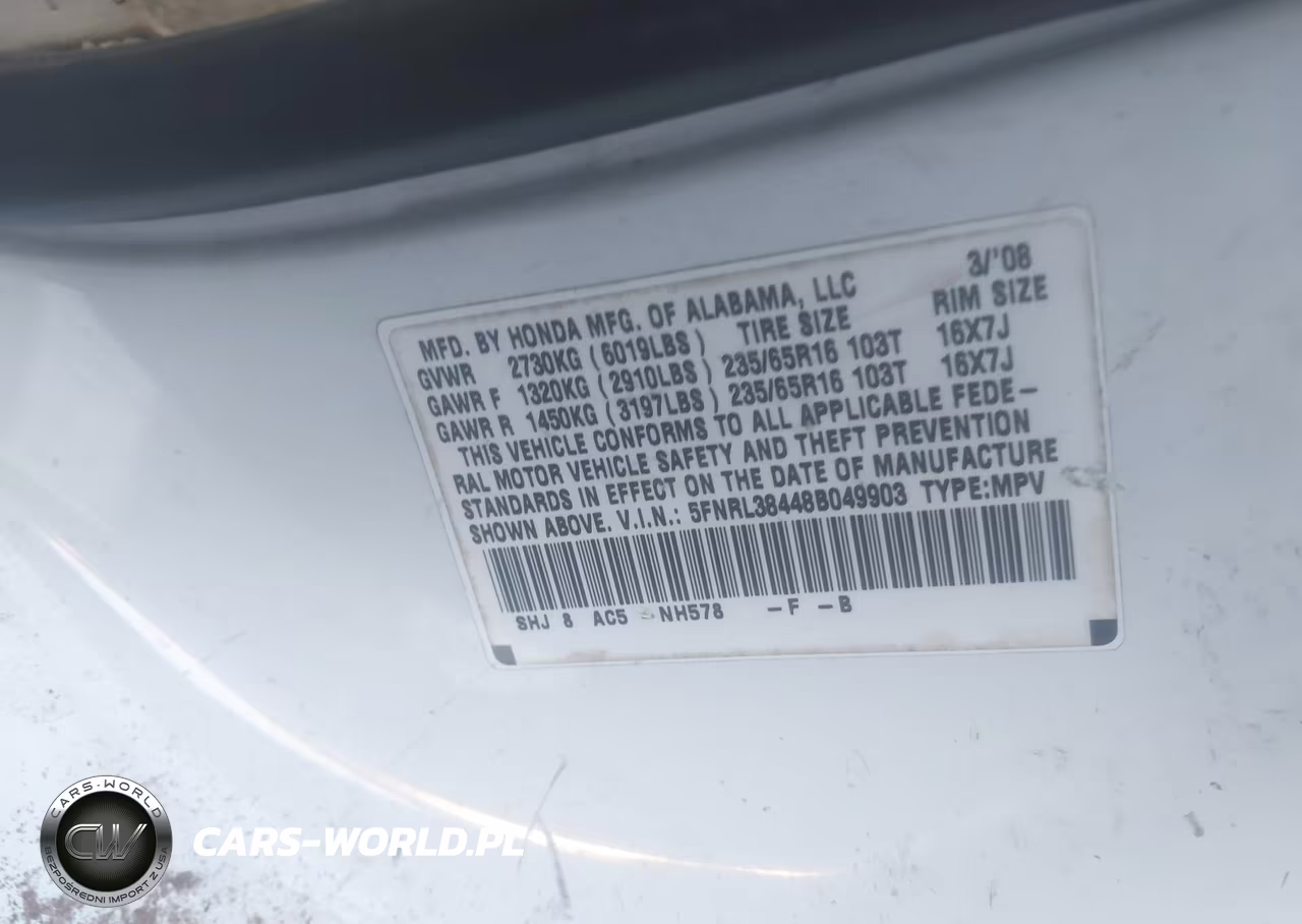 2008 Honda Odyssey Ex VIN:5FNRL38448B049903 - 9