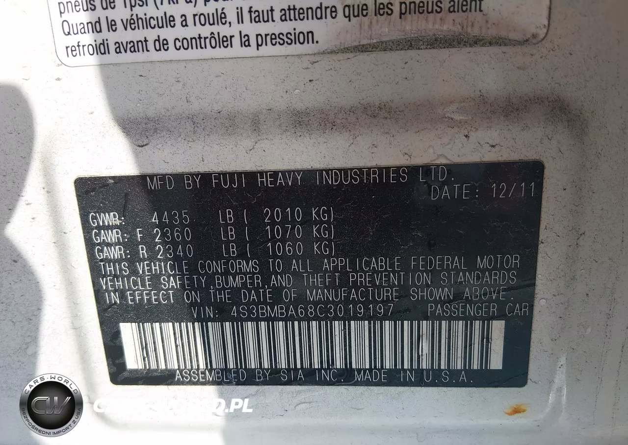 2012 Subaru Legacy 2.5I VIN:4S3BMBA68C3019197 - 9