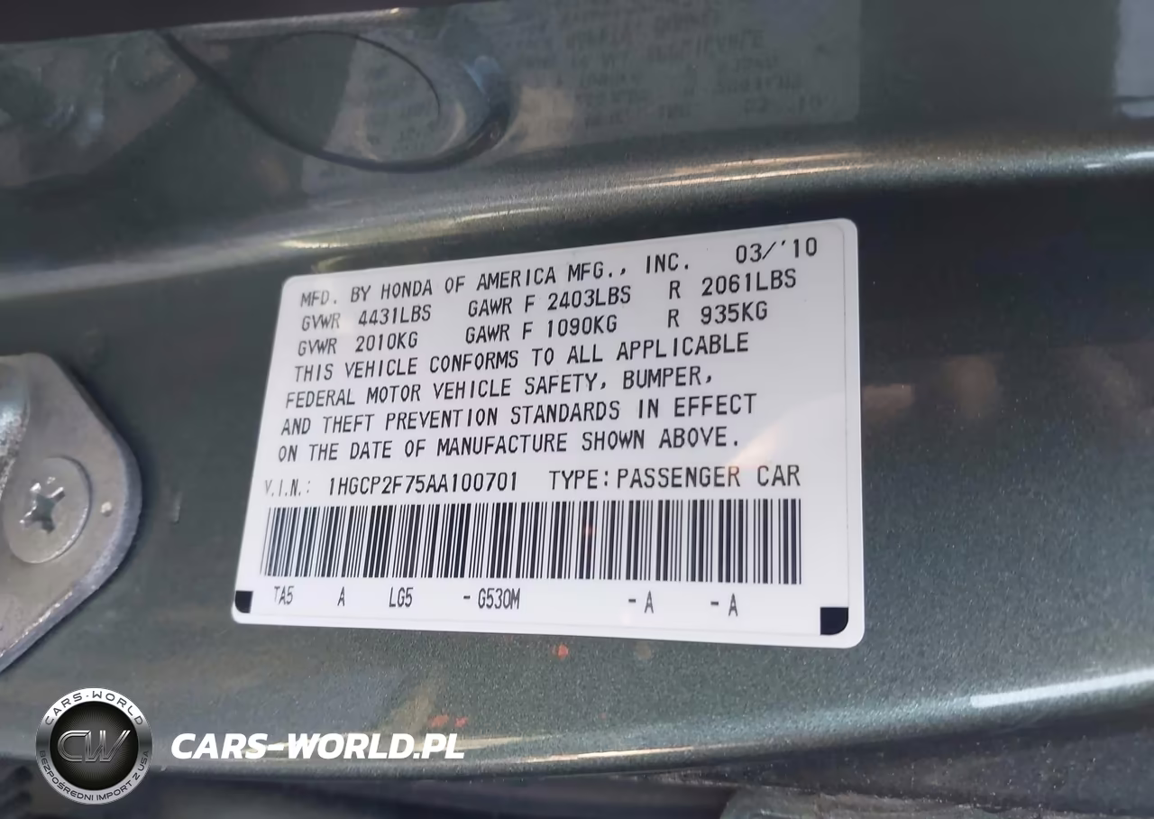 2010 Honda Accord 2.4 Ex VIN:1HGCP2F75AA100701 - 9