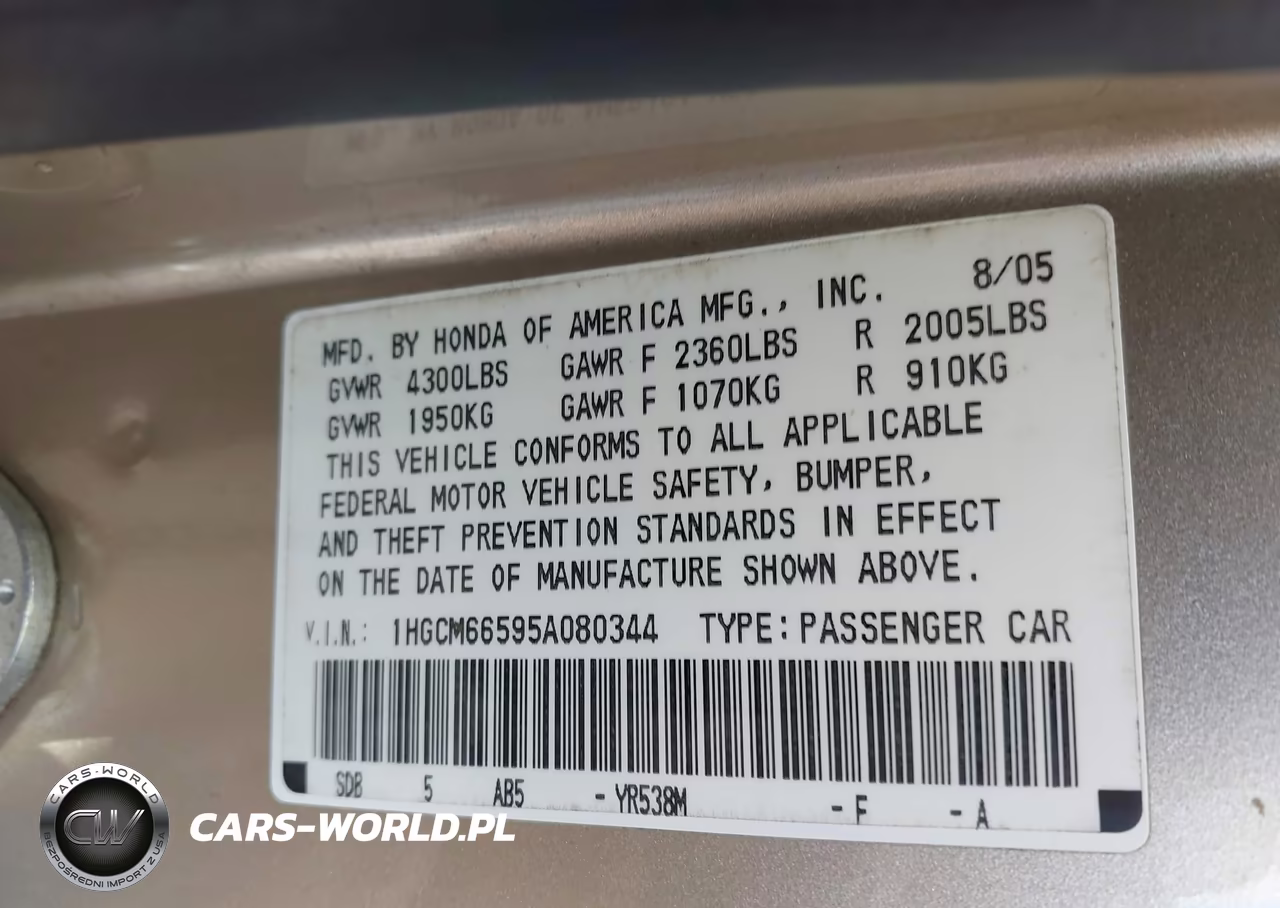 2005 Honda Accord 3.0 Ex VIN:1HGCM66595A080344 - 9