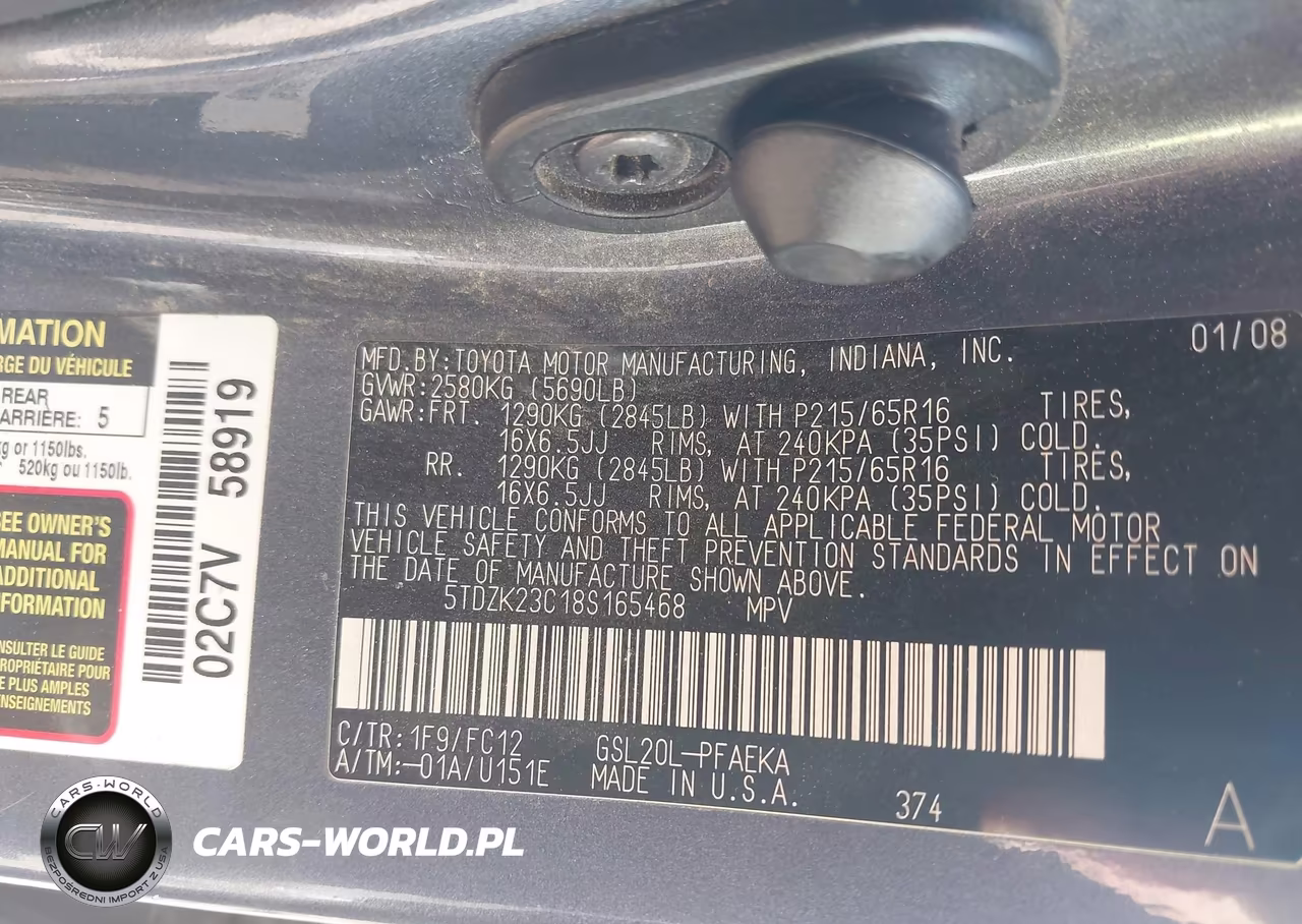 2008 Toyota Sienna Le VIN:5TDZK23C18S165468 - 9