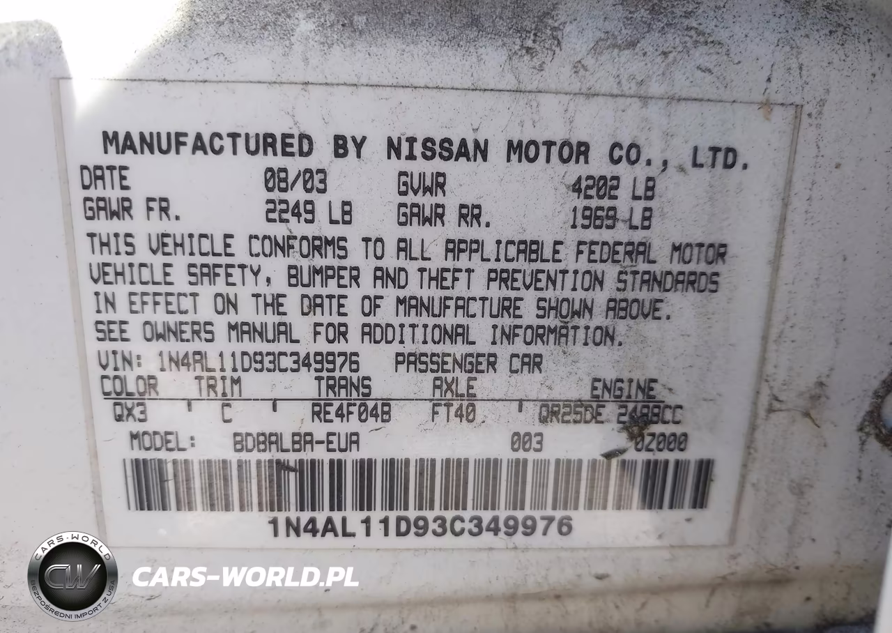 2003 Nissan Altima 2.5 S VIN:1N4AL11D93C349976 - 9