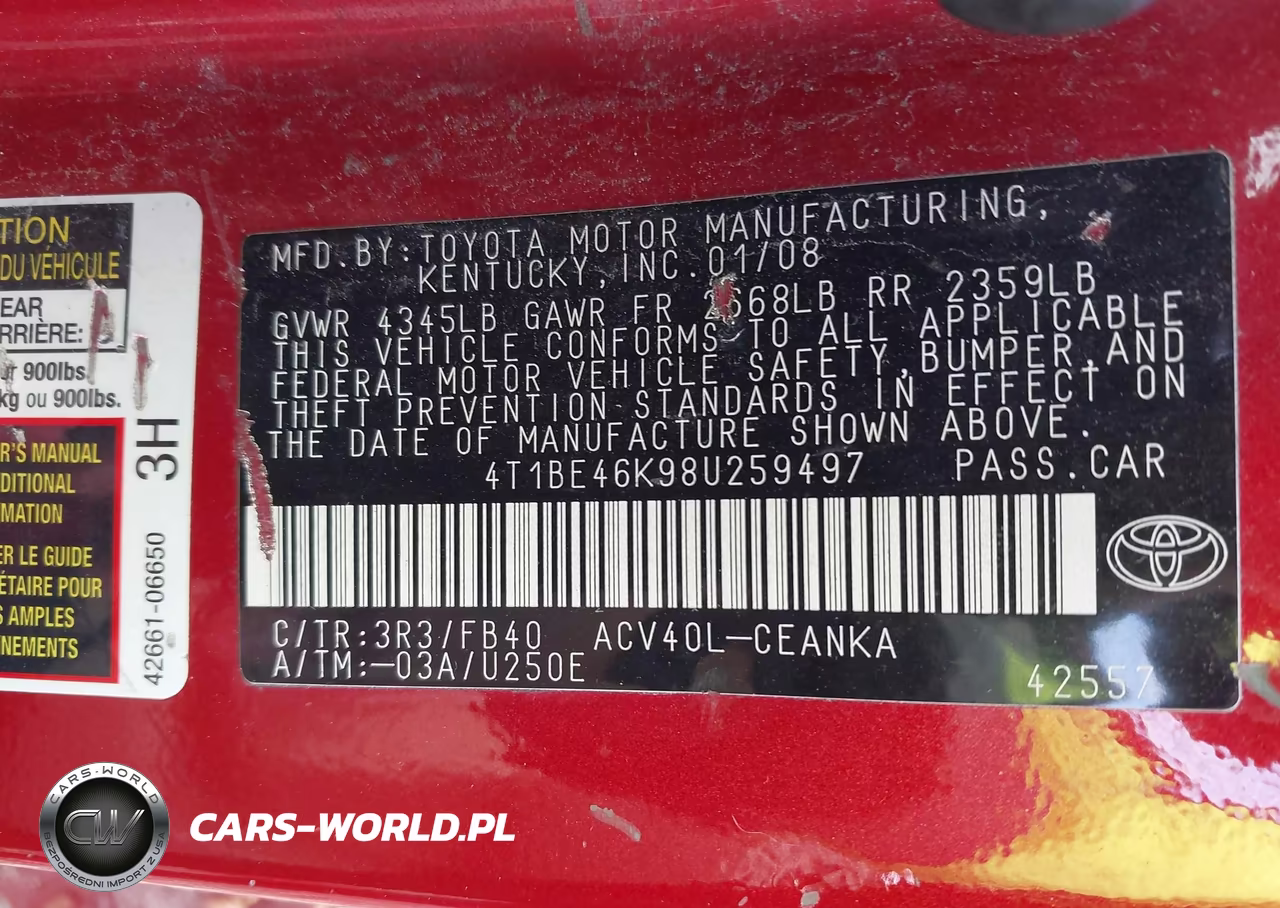 2008 Toyota Camry Le VIN:4T1BE46K98U259497 - 9