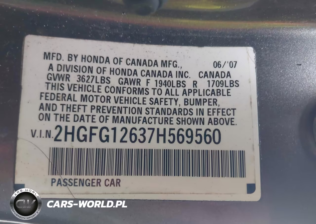 2007 Honda Civic Lx VIN:2HGFG12637H569560 - 9