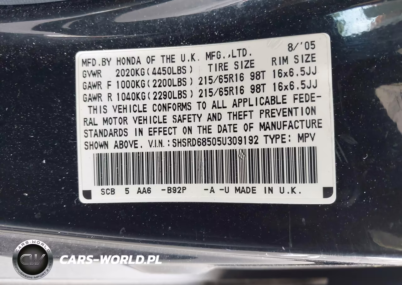 2005 Honda Cr-V Lx VIN:SHSRD68505U309192 - 9