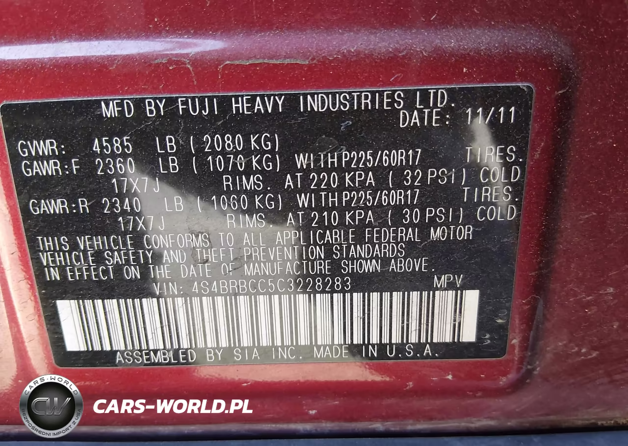 2012 Subaru Outback 2.5I Premium VIN:4S4BRBCC5C3228283 - 9