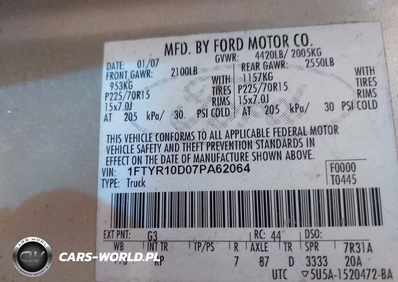 2007 Ford Ranger Stx-Xl-Xlt VIN:1FTYR10D07PA62064 - 9