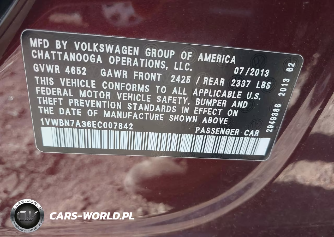 2014 Volkswagen Passat 2.0L Tdi Se VIN:1VWBN7A36EC007842 - 9