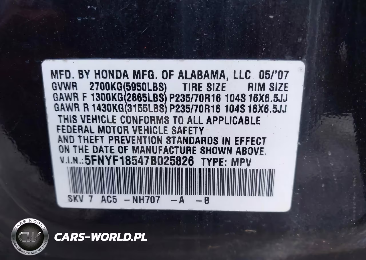 2007 Honda Pilot Ex-L VIN:5FNYF18547B025826 - 9