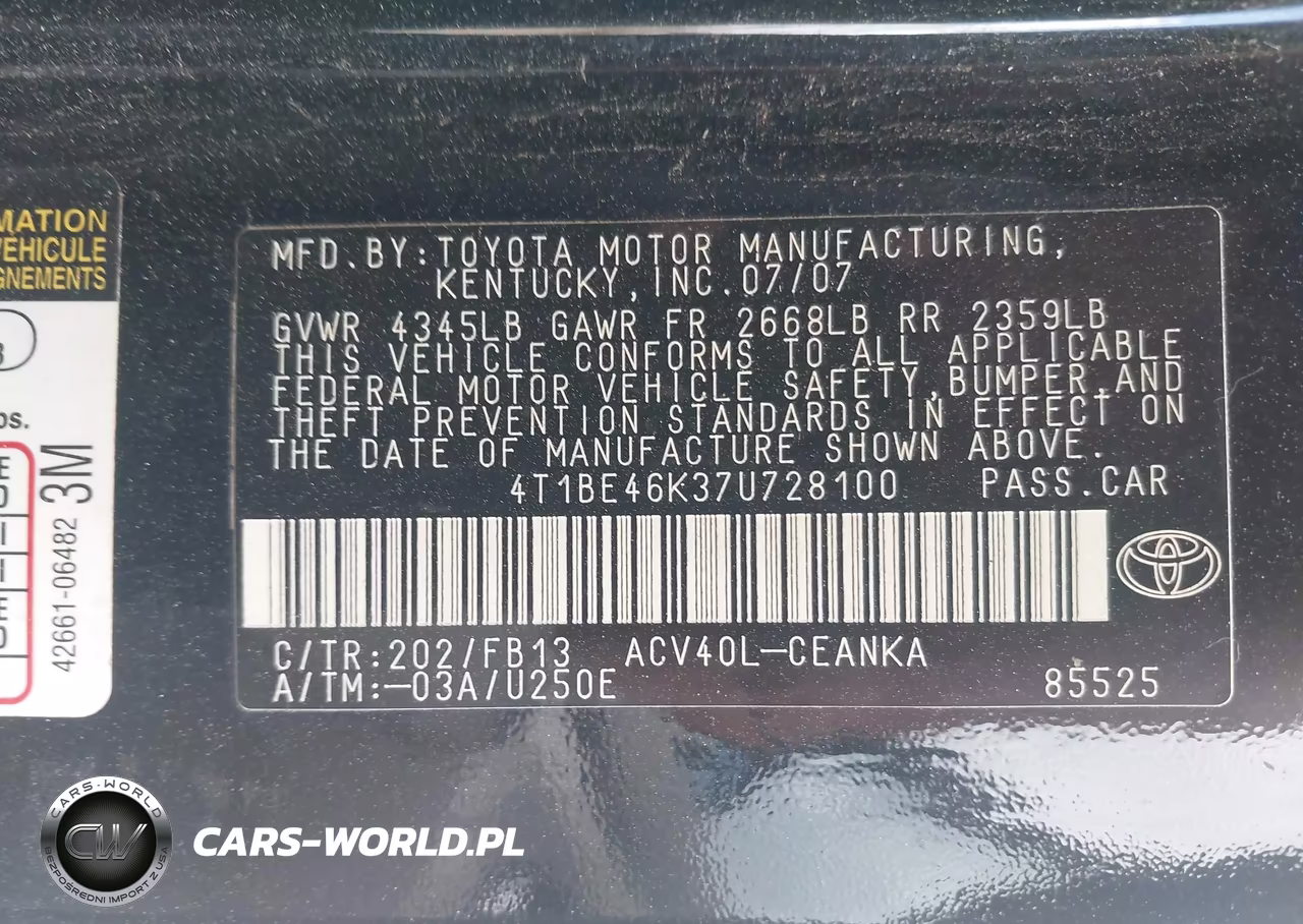 2007 Toyota Camry Le VIN:4T1BE46K37U728100 - 9