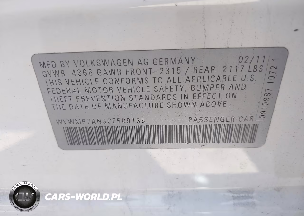 2012 Volkswagen Cc Sport VIN:WVWMP7AN3CE509135 - 9