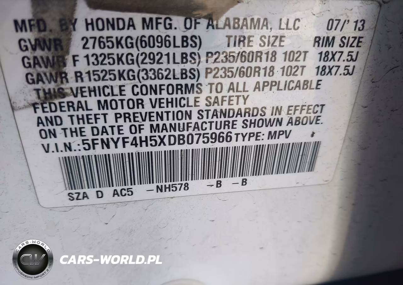 2013 Honda Pilot Ex-L VIN:5FNYF4H5XDB075966 - 9