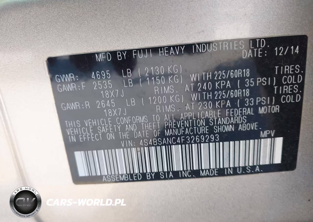 2015 Subaru Outback 2.5I Limited VIN:4S4BSANC4F3269293 - 9