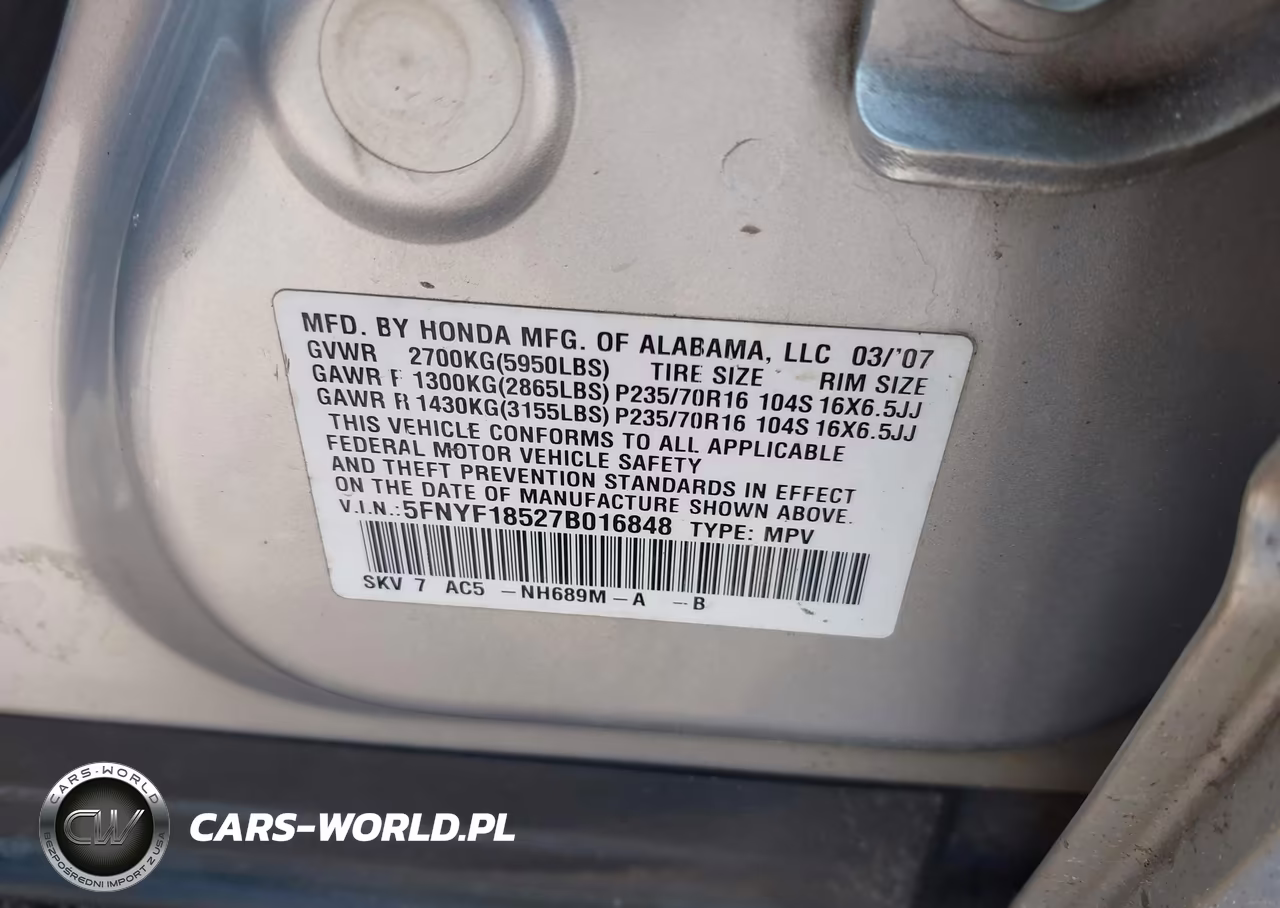 2007 Honda Pilot Ex-L VIN:5FNYF18527B016848 - 9