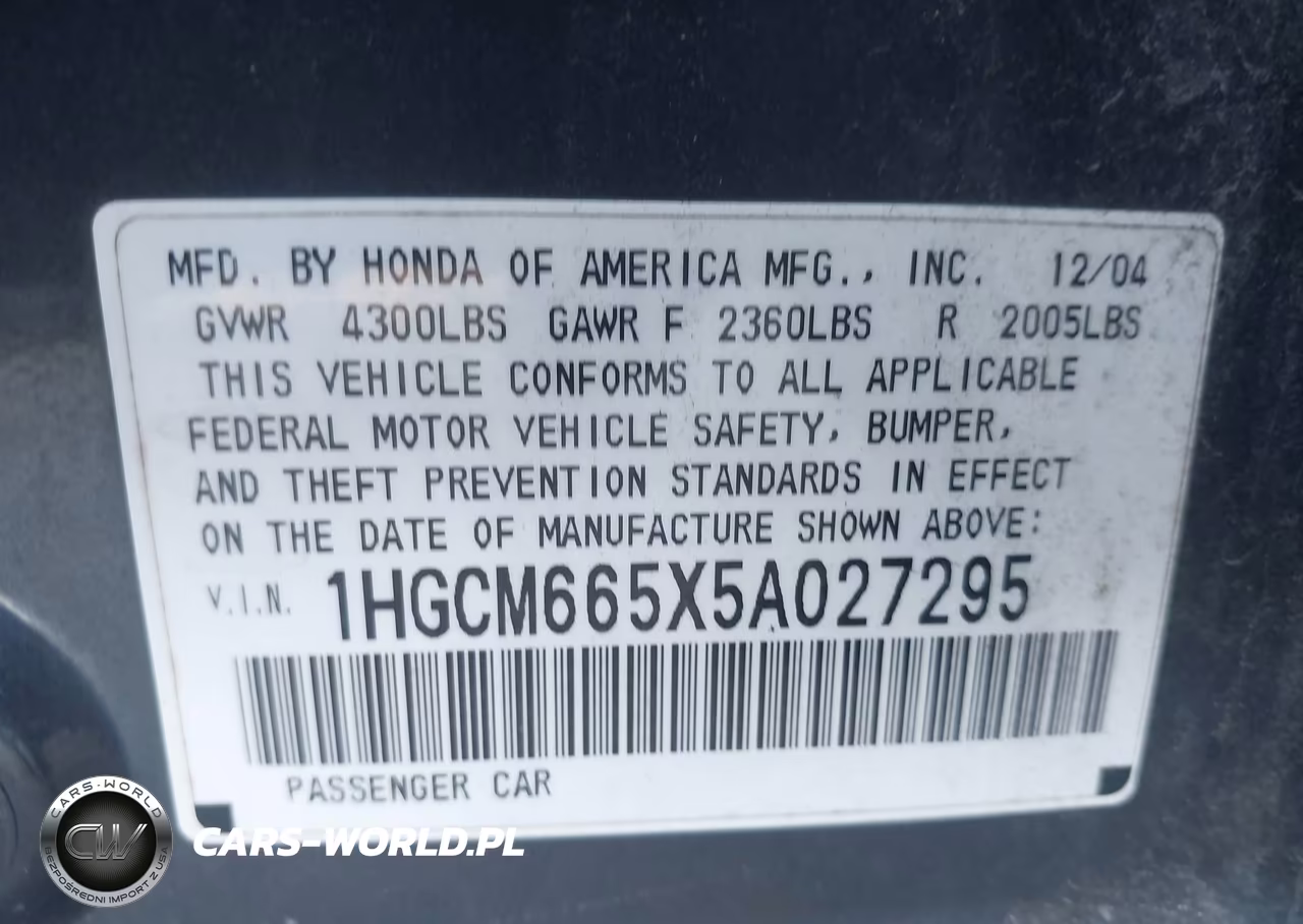 2005 Honda Accord 3.0 Ex VIN:1HGCM665X5A027295 - 9