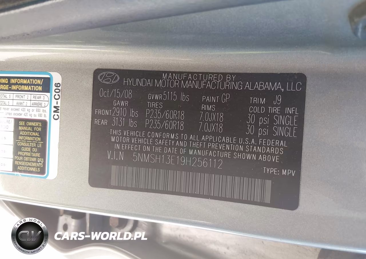 2009 Hyundai Santa Fe Limited VIN:5NMSH13E19H256112 - 9