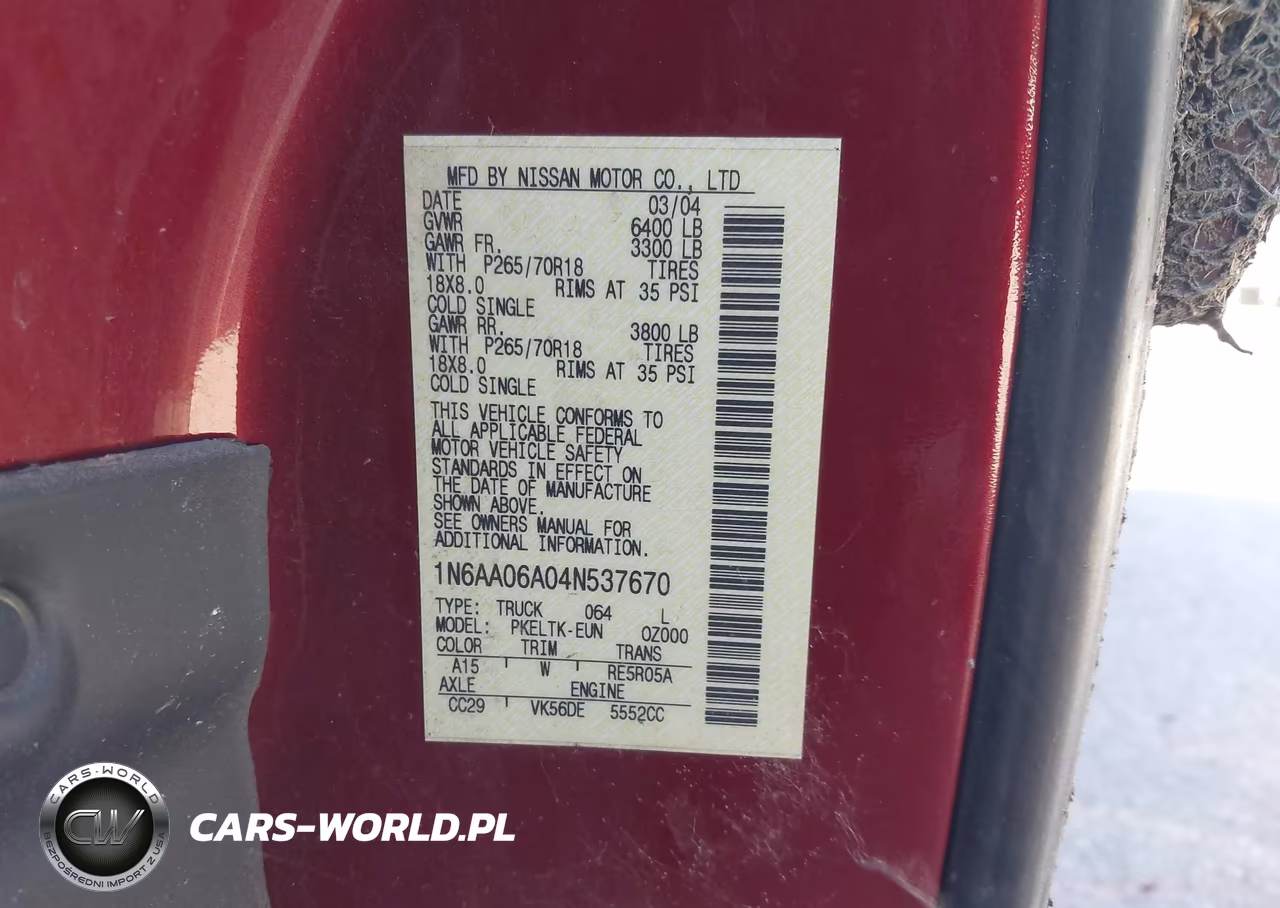 2004 Nissan Titan Se VIN:1N6AA06A04N537670 - 9