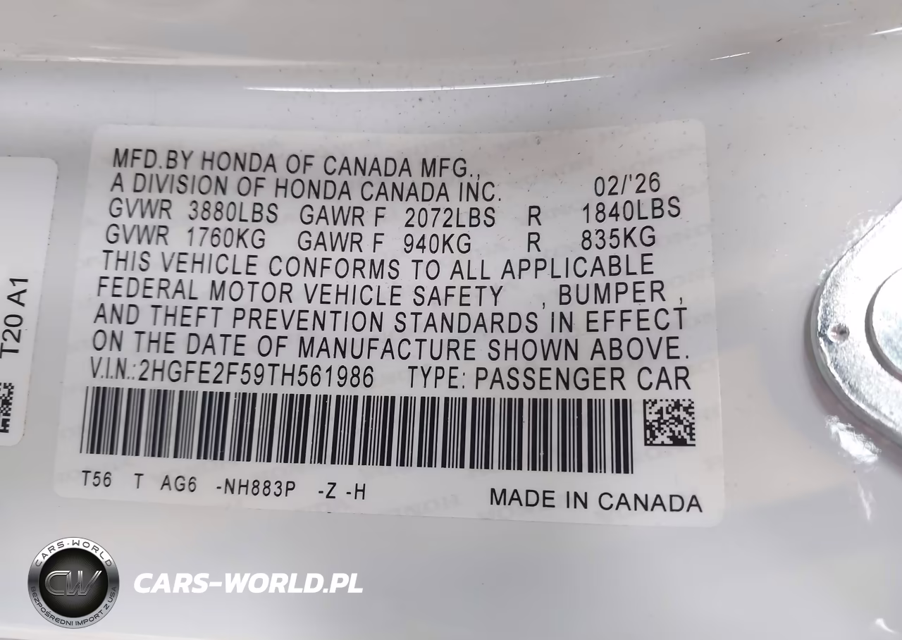 2026 Honda Civic Sport VIN:2HGFE2F59TH561986 - 9