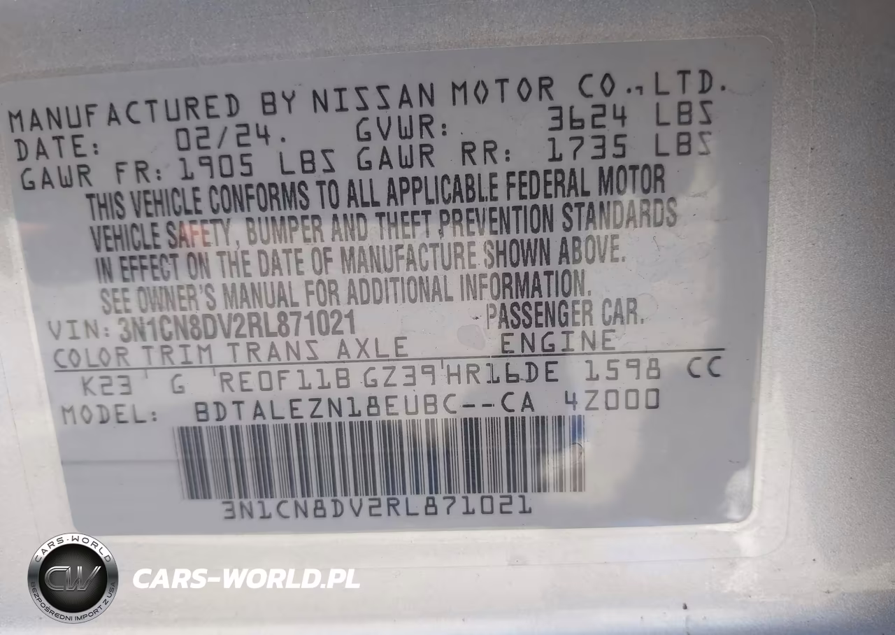 2024 Nissan Versa 1.6 S VIN:3N1CN8DV2RL871021 - 9