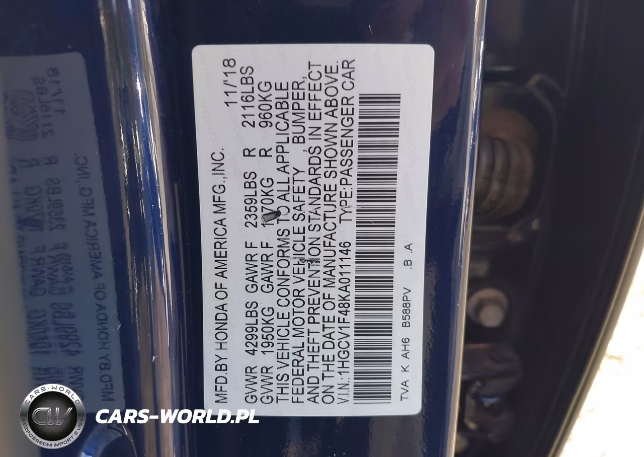2019 Honda Accord Ex VIN:1HGCV1F48KA011146 - 9