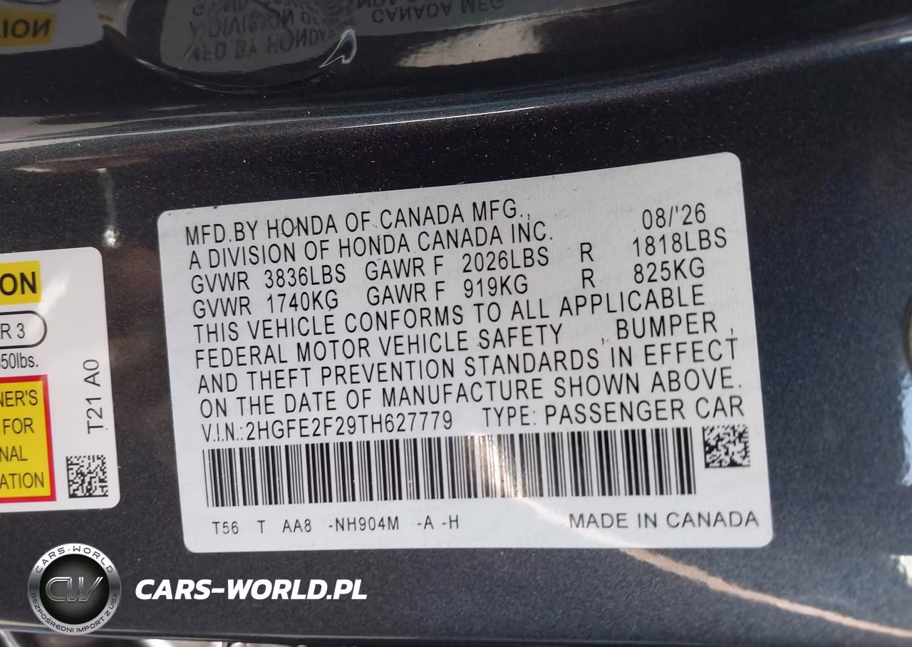 2026 Honda Civic Lx VIN:2HGFE2F29TH627779 - 9