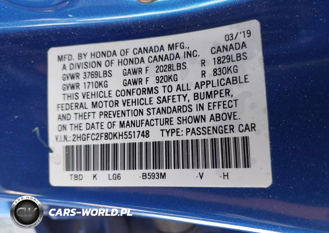 2019 Honda Civic Sport VIN:2HGFC2F80KH551748 - 9