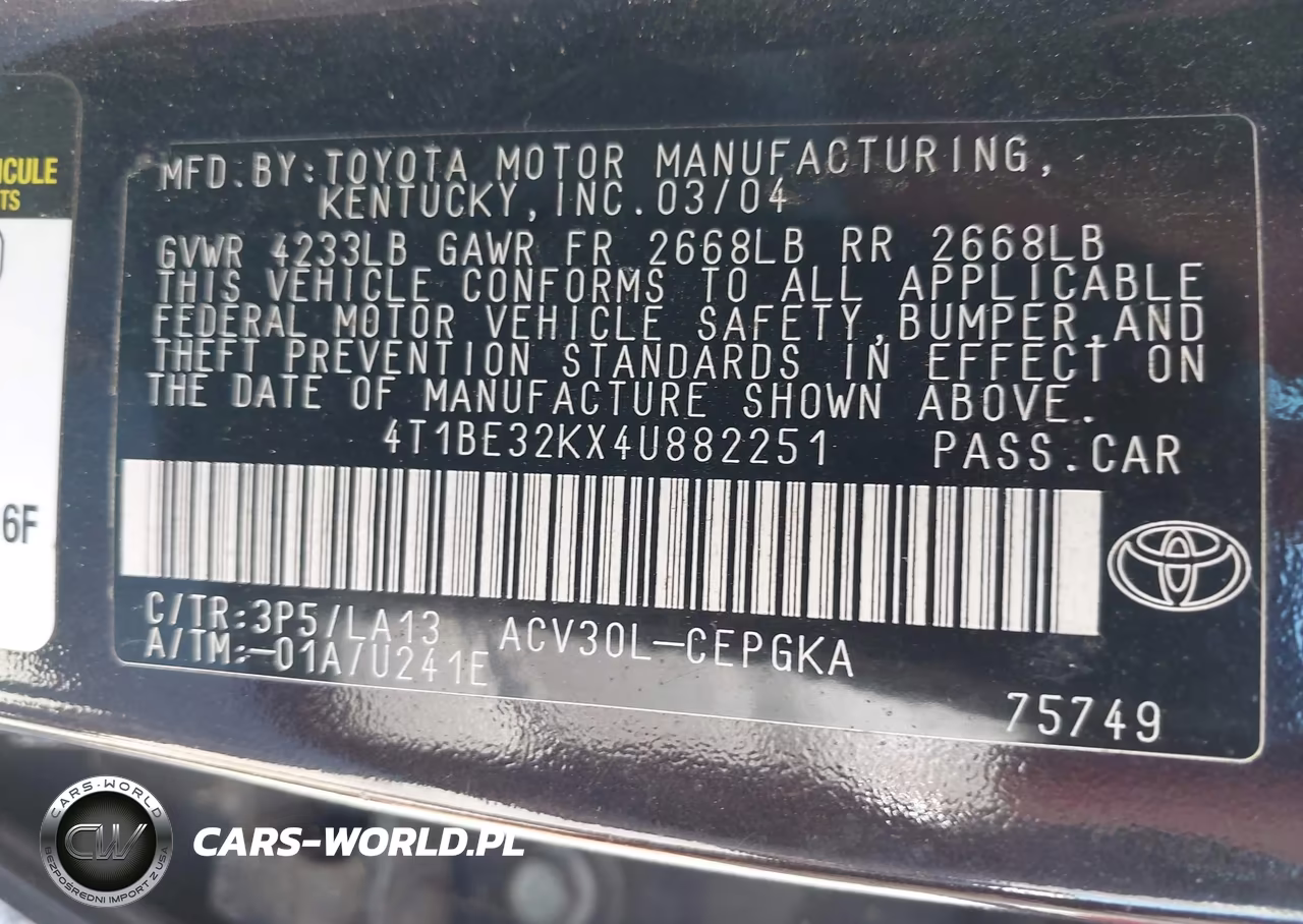 2004 Toyota Camry Xle VIN:4T1BE32KX4U882251 - 9