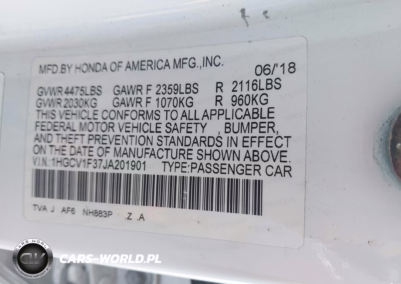 2018 Honda Accord Sport VIN:1HGCV1F37JA201901 - 9