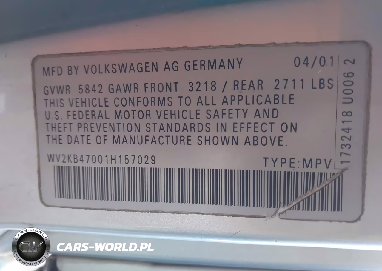 2001 Volkswagen Eurovan Gls VIN:WV2KB47001H157029 - 9